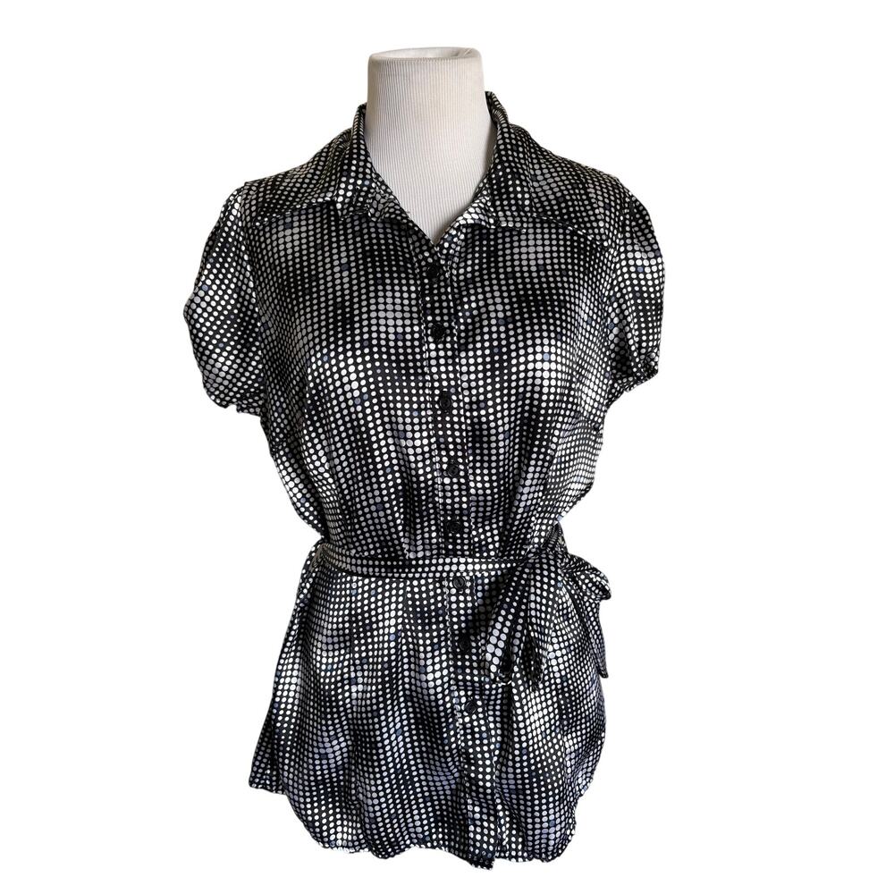 Vintage 90s Y2K Anne Charles Disco Op Art Polka Dot Tie Waist Blouse